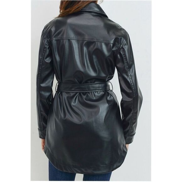 Faux Leather Belted Long Jacket - Picture 4 of 5